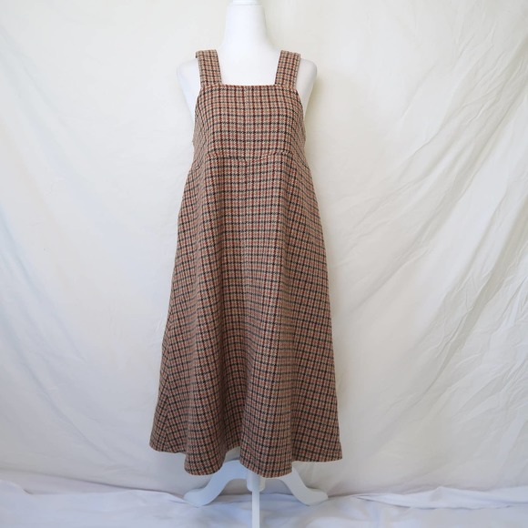Vintage Dresses & Skirts - Vintage tan brown houndstooth plaid midi jumper overall dress S